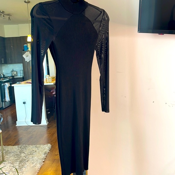 FASHION NOVA BLACK RIBBED SWEATER DRESS SHEER SLEEVES - Picture 2 of 2